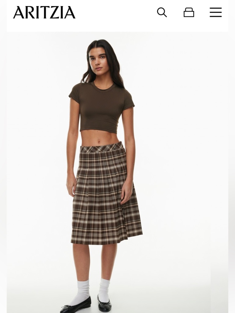 Aritzia Brown Plaid A-Line Midi Skirt